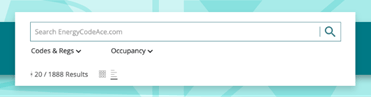 Search bar with Codes & Regs and Occupancy filter options on a teal geometric background. 