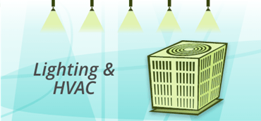 Pendant lights and HVAC illustrations with the words `Lighting & HVAC` on teal geometric background. 