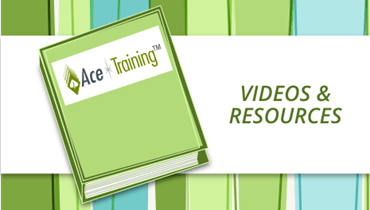 Illustrated book titled `Ace Training` and a white rectangle with words `Videos & Resources`, on a green and teal geometric background. 